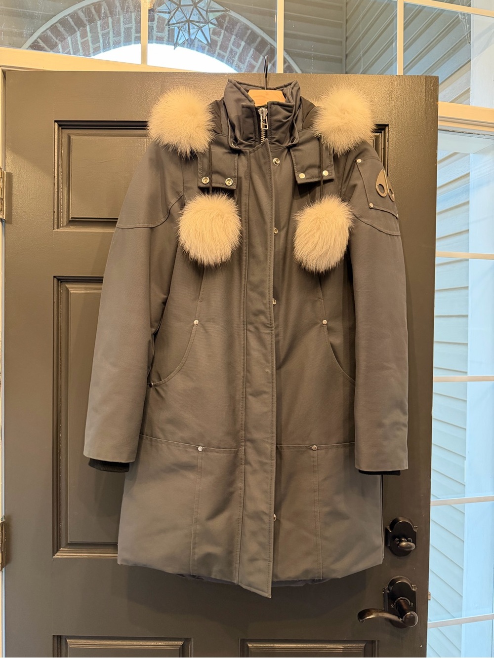Moose Knuckles Gray Parka with White Fur Pom-Poms SP- SO warm and cozy!